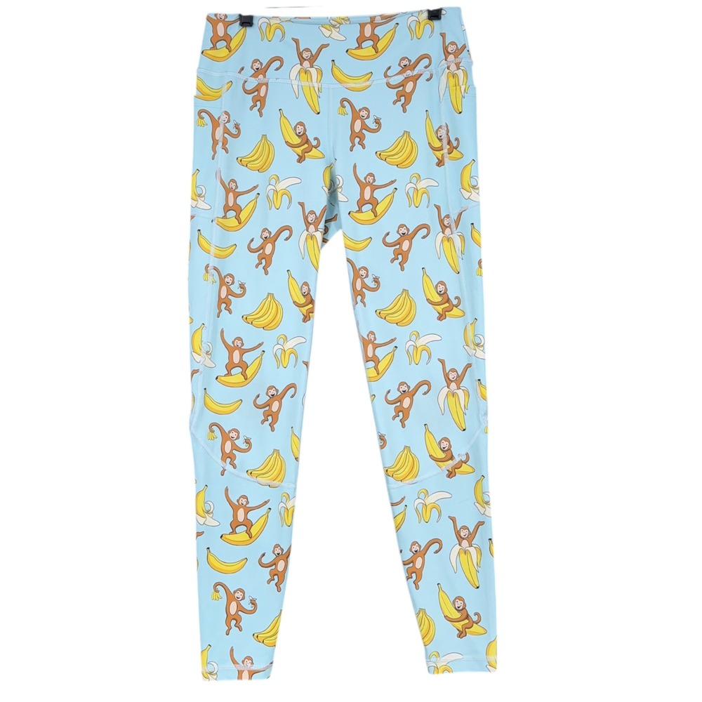 Feed Me Fight Me Gone Bananas Rare‎ Print Athletic Leggings Pockets Blue Novelty
